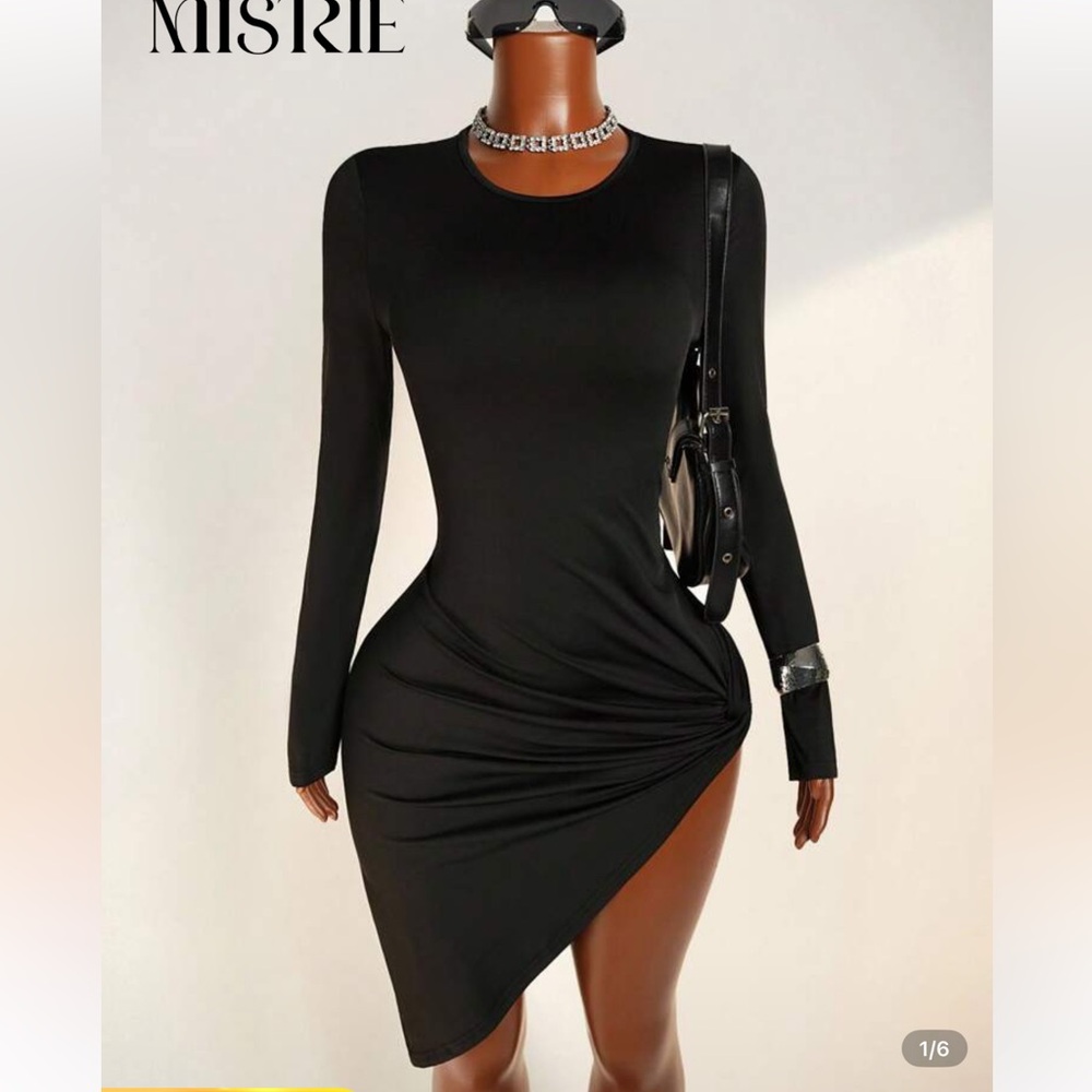 SHEIN Black Long-Sleeve Asymmetrical Ruched Bodycon Dress